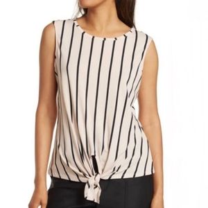 Adrianna Papell Crepe Knit Top Tie Front Striped White Navy Sleeveless Tank LG